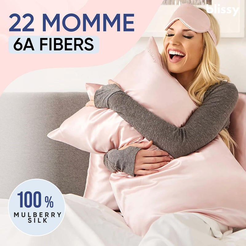 Blissy Silk Pillowcase - 100% Pure Mulberry Silk - 22 Momme 6A High-Grade Fibers - Silk Pillow Cover for Hair & Skin - Regular, Queen & King (Pink, Queen) - Image 2